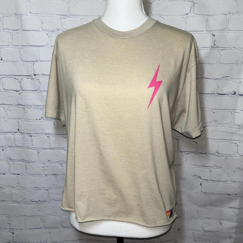 🔥🔥SOLD🔥🔥Aviator Nation Lightening Bolt TShirt Womens Large Tan Short Sleeve Crew